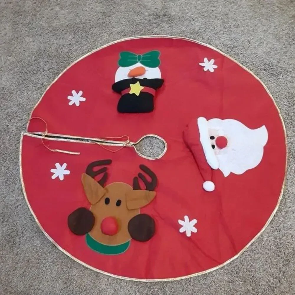 Santa Rudolph and Frosty The Snowman Red Felt Christmas Tree Skirt